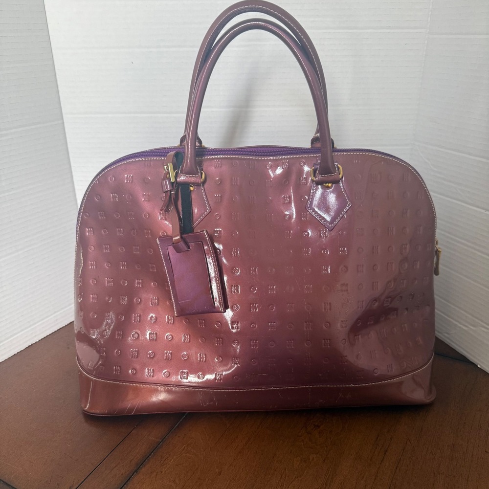 Arcadia Italy Metallic Plum Patent Leather Embossed Logo Dome Satchel Bag